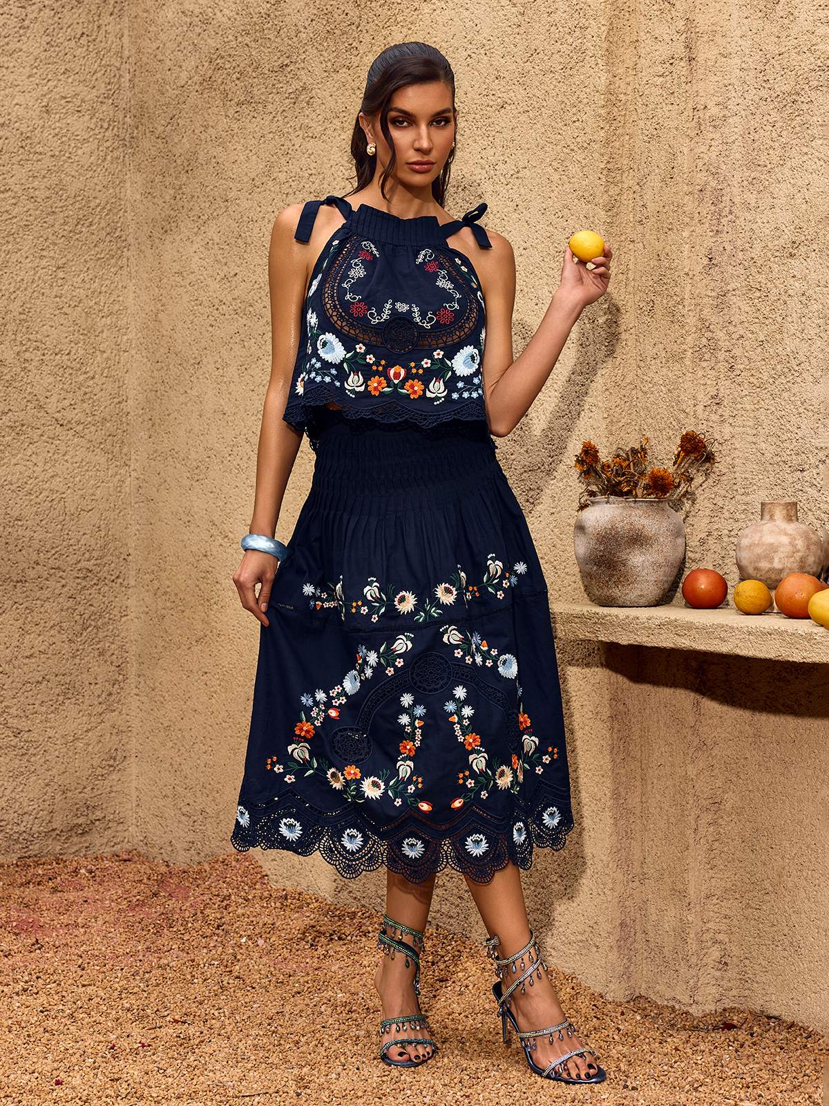 Chelle Embroidered Ruched Skirt Set - Image 2