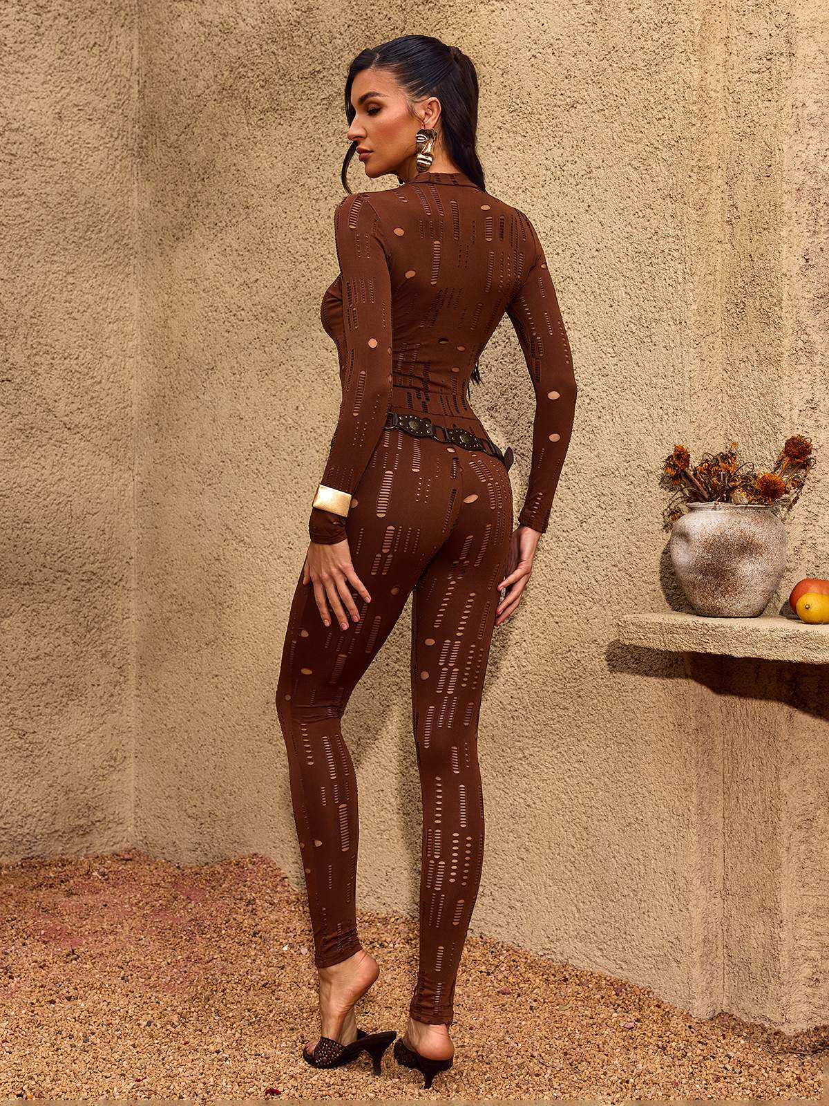 Chiaka Long Sleeve Cutout Skinny Pants Set In Brown - Image 6