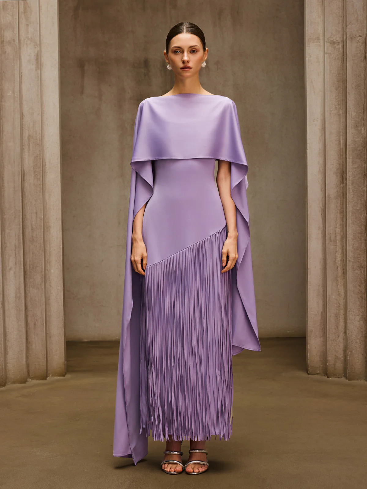 Cindara Shawl Fringe Maxi Dress In Purple - Image 2