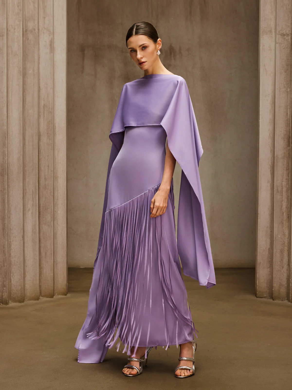 Cindara Shawl Fringe Maxi Dress In Purple - Image 3