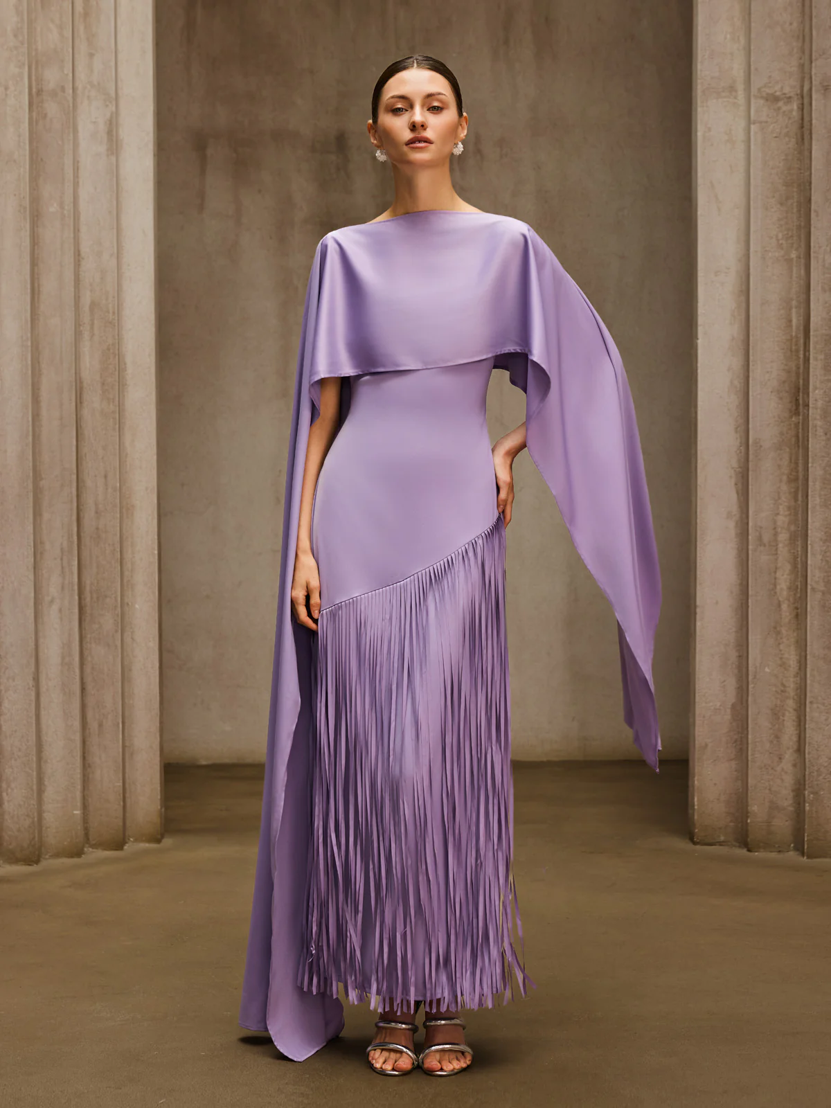 Cindara Shawl Fringe Maxi Dress In Purple - Image 4