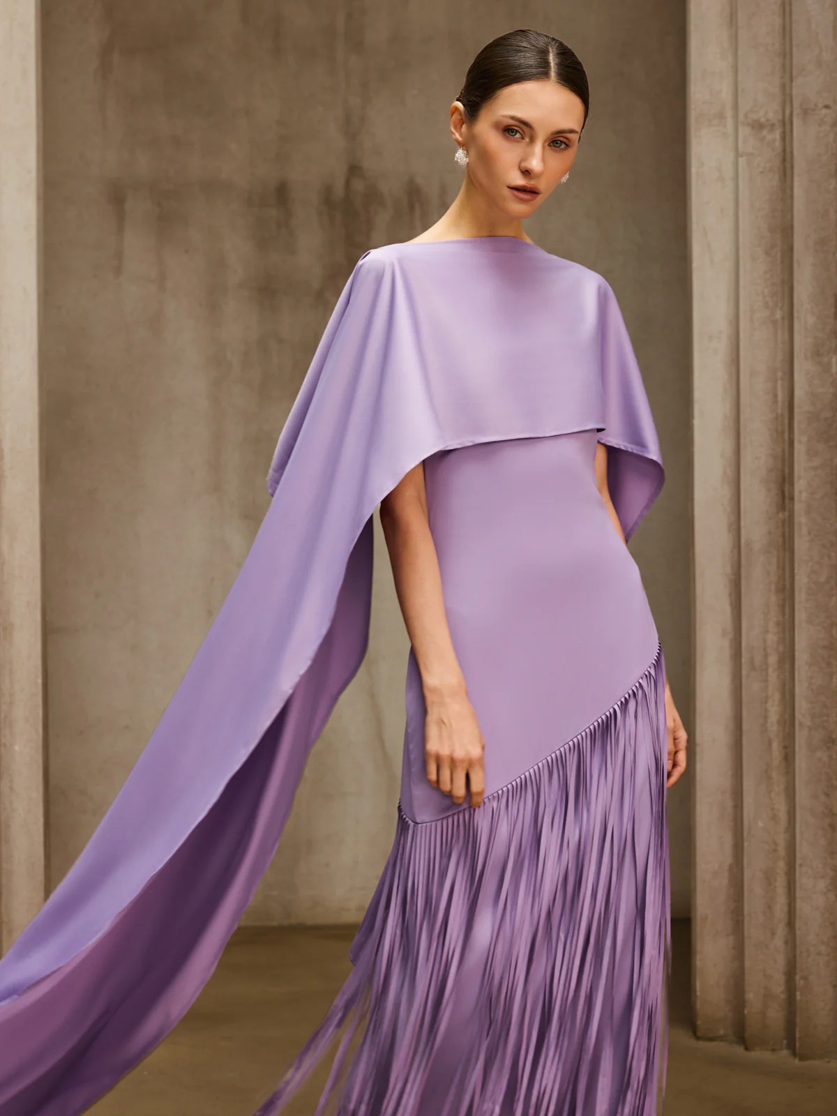 Cindara Shawl Fringe Maxi Dress In Purple - Image 5