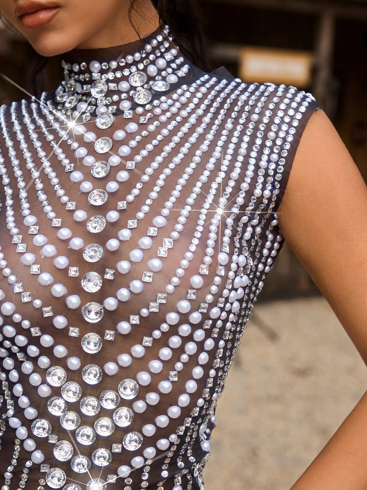 Clematis High Neck Diamond Pearl Mesh Top - Image 7