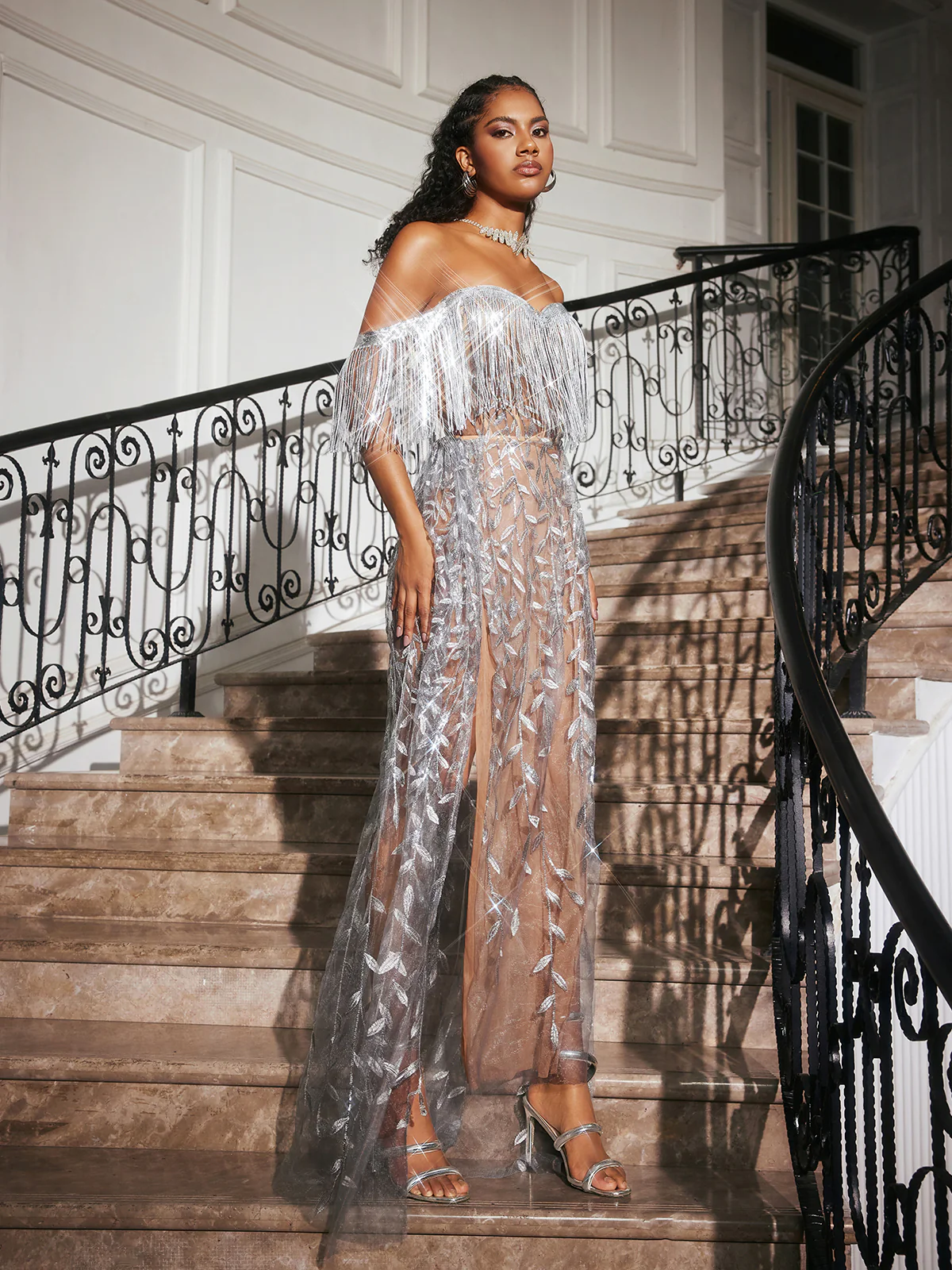 Codruta Strapless Leafy Fringe Maxi Dress In Sliver - Image 5