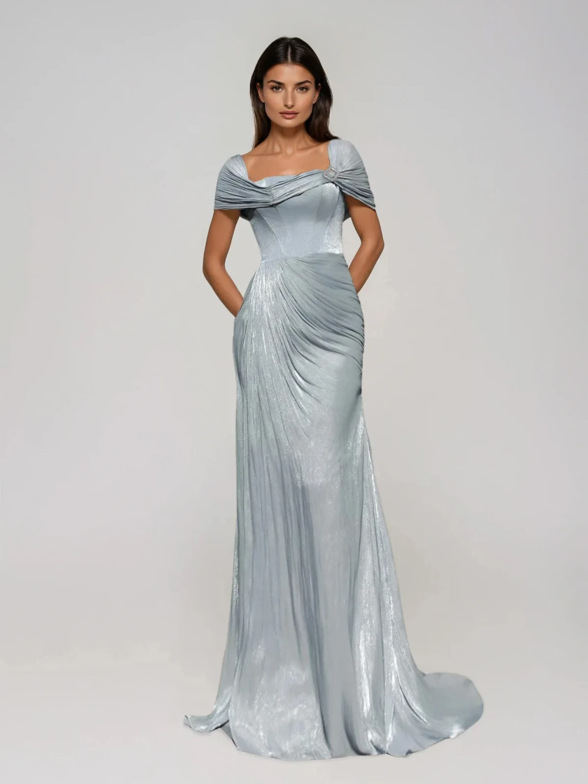 Coryxa Short Sleeve Ruched Split Maxi Dress In Blue