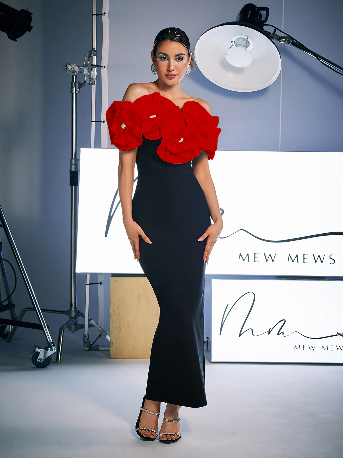 Creed Off Shoulder Flower Bandage Dress In Red - Image 3