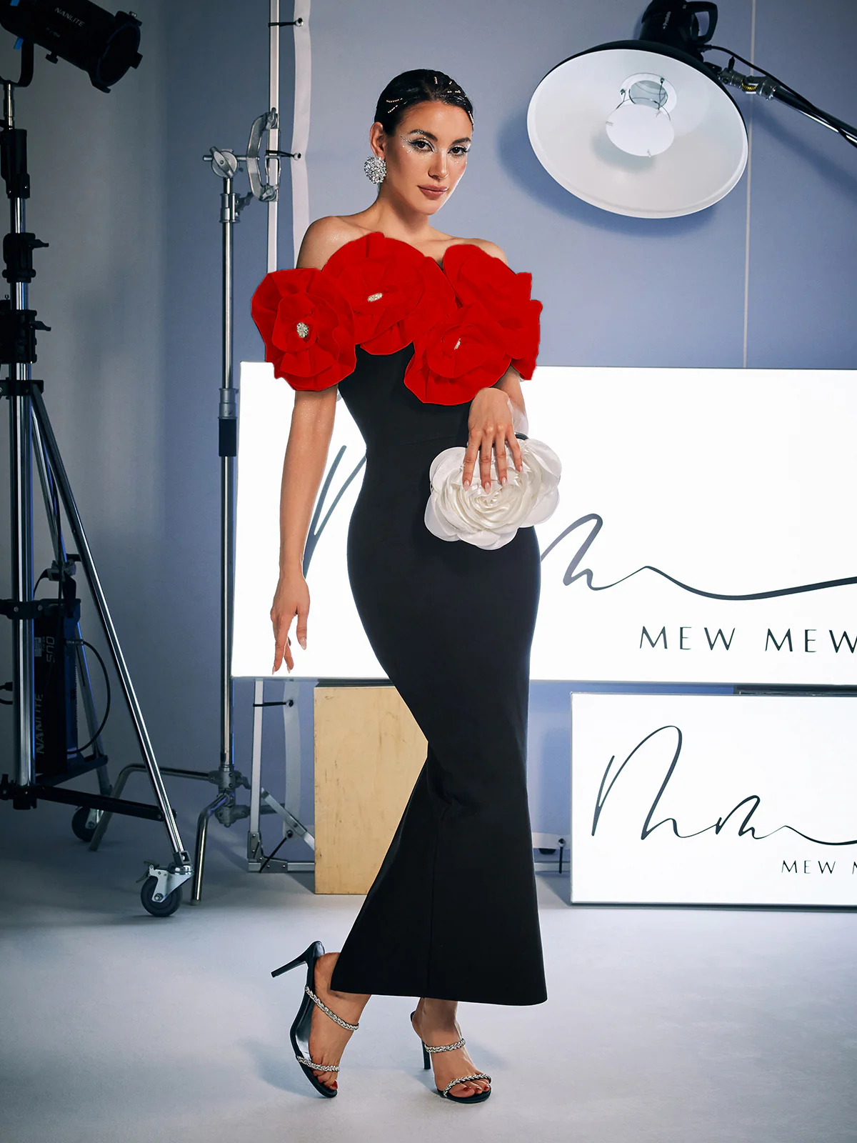Creed Off Shoulder Flower Bandage Dress In Red - Image 4