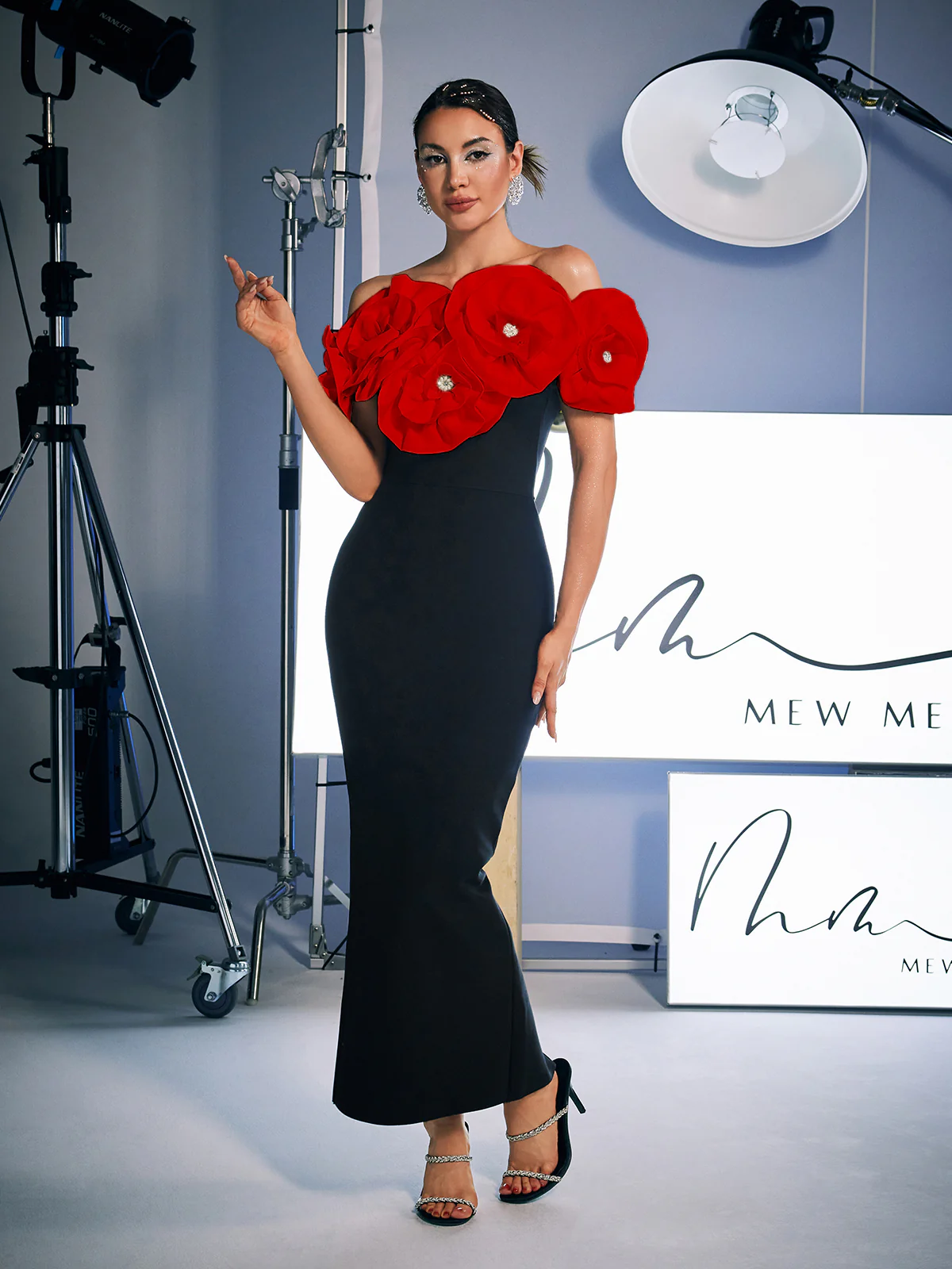 Creed Off Shoulder Flower Bandage Dress In Red - Image 5