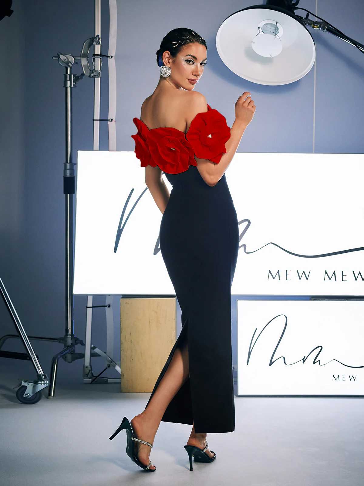 Creed Off Shoulder Flower Bandage Dress In Red - Image 6