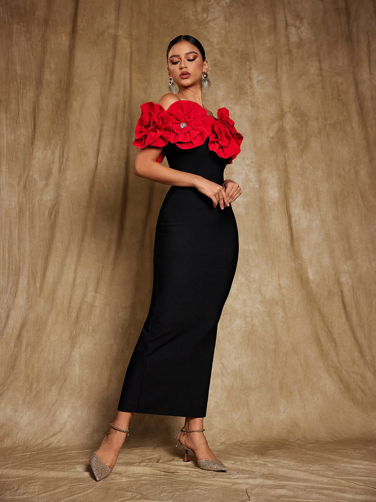 Creed Off Shoulder Flower Bandage Dress In Red - Image 3