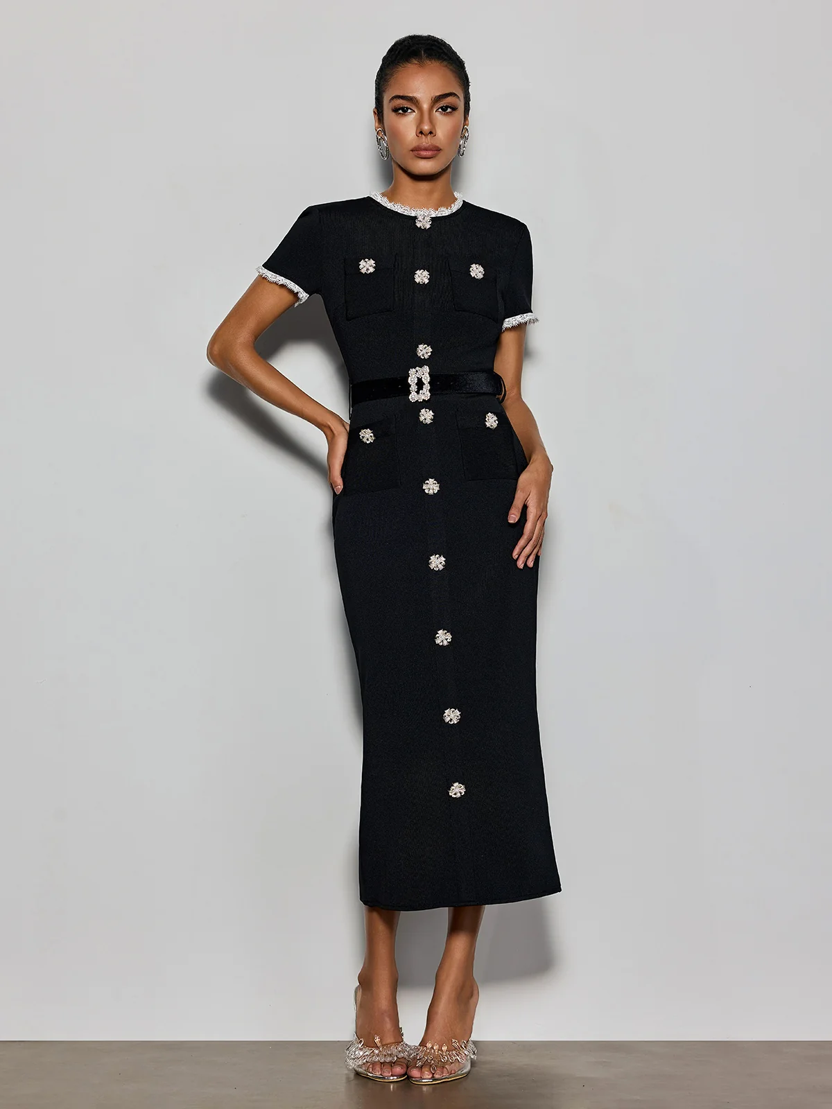Cyanne Short Sleeve Pearl Knitted Midi Dress