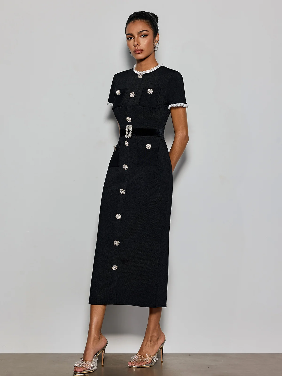 Cyanne Short Sleeve Pearl Knitted Midi Dress - Image 2