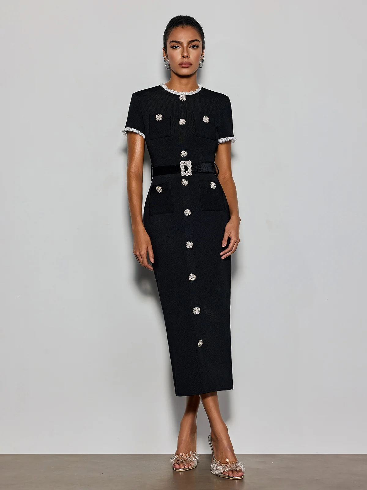 Cyanne Short Sleeve Pearl Knitted Midi Dress - Image 3
