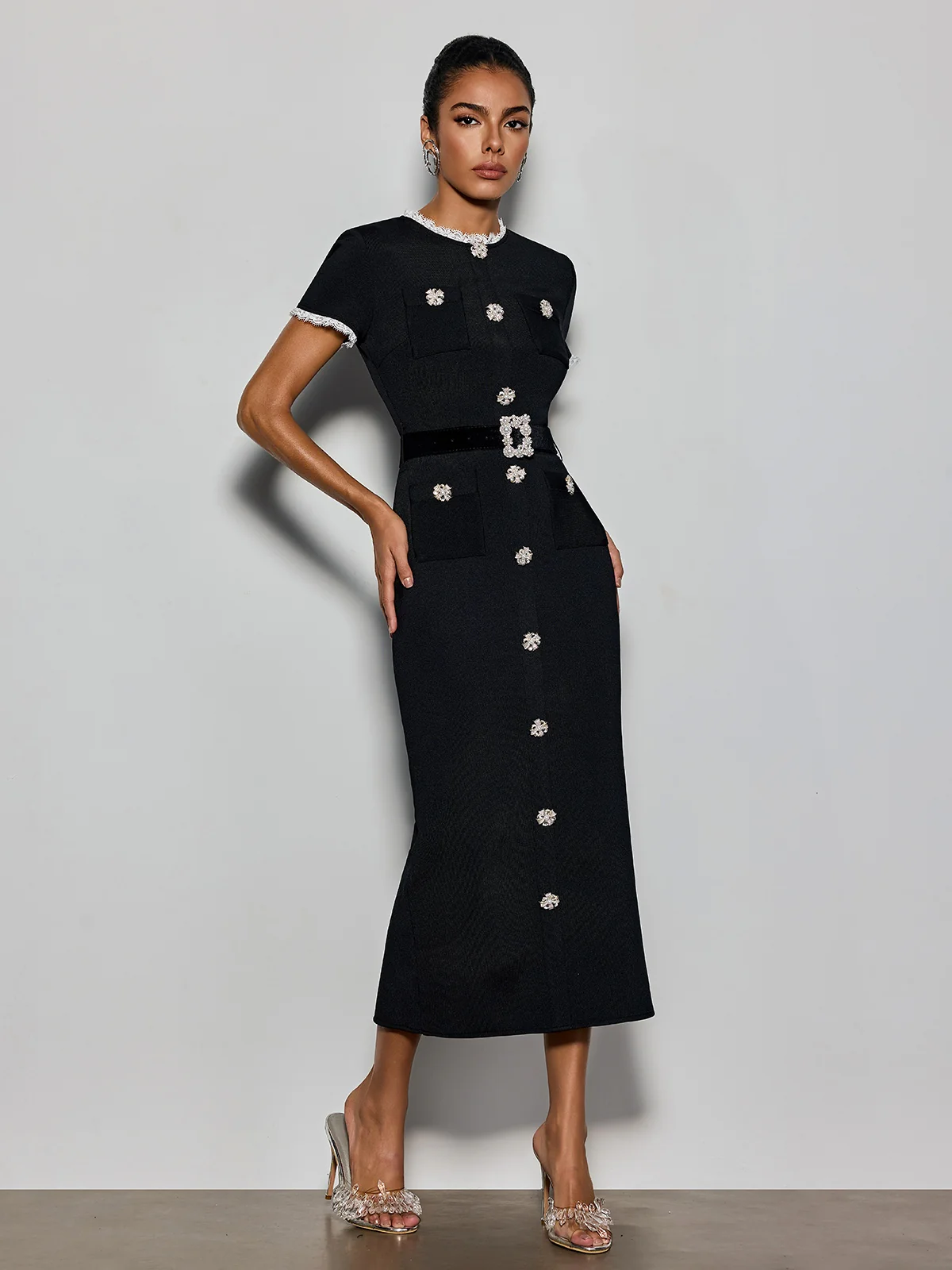 Cyanne Short Sleeve Pearl Knitted Midi Dress - Image 4