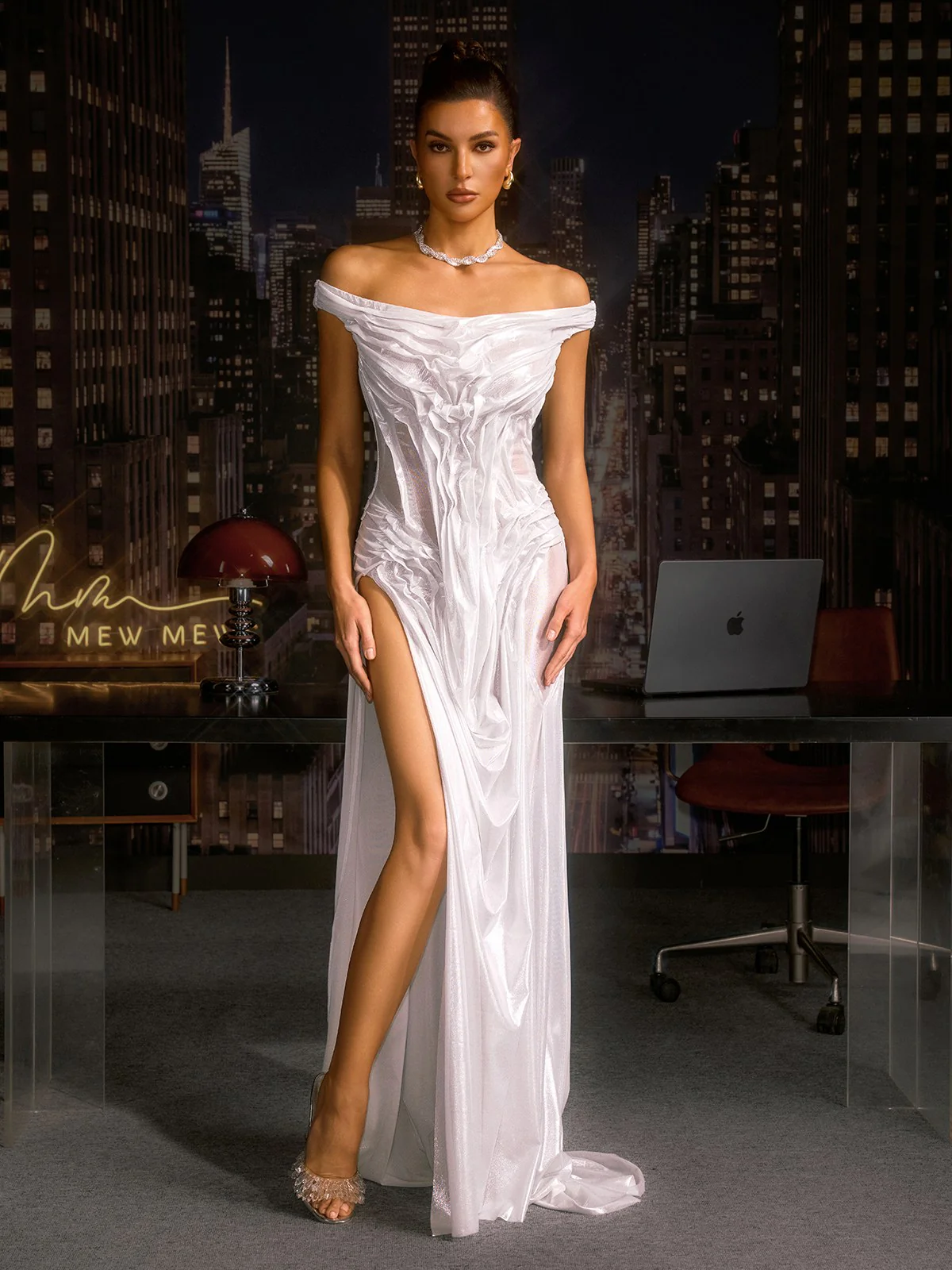 Cylora Off Shoulder Ruched Split Maxi Dress In White - Image 4