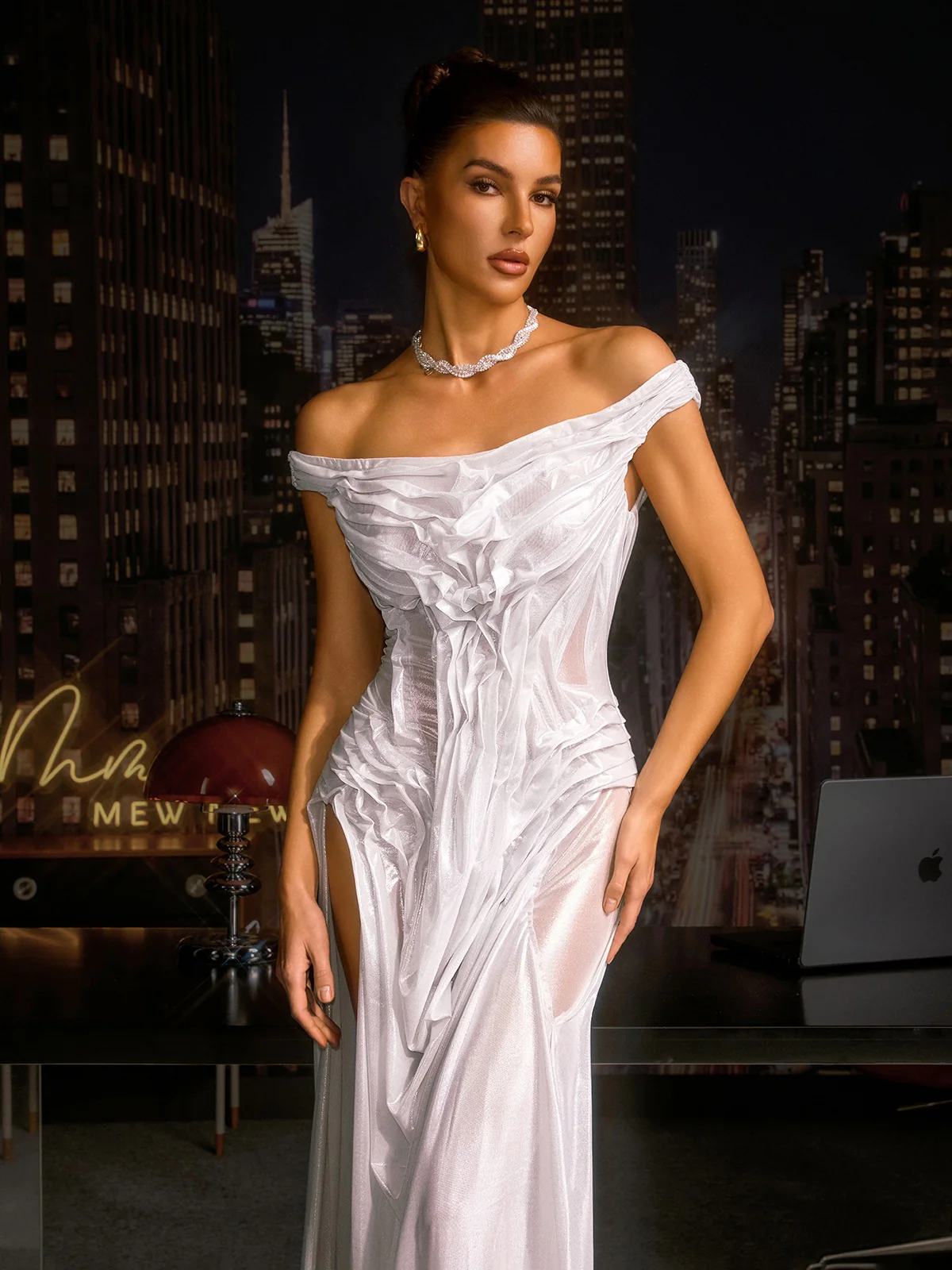 Cylora Off Shoulder Ruched Split Maxi Dress In White - Image 5