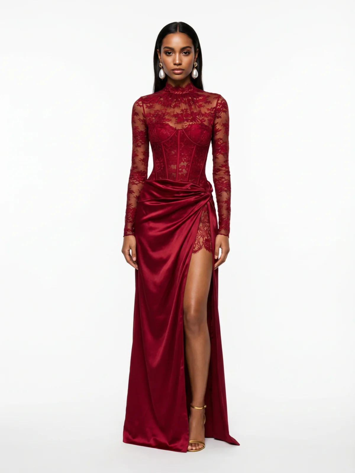 Cynosure High Neck Lace Maxi Dress In Red