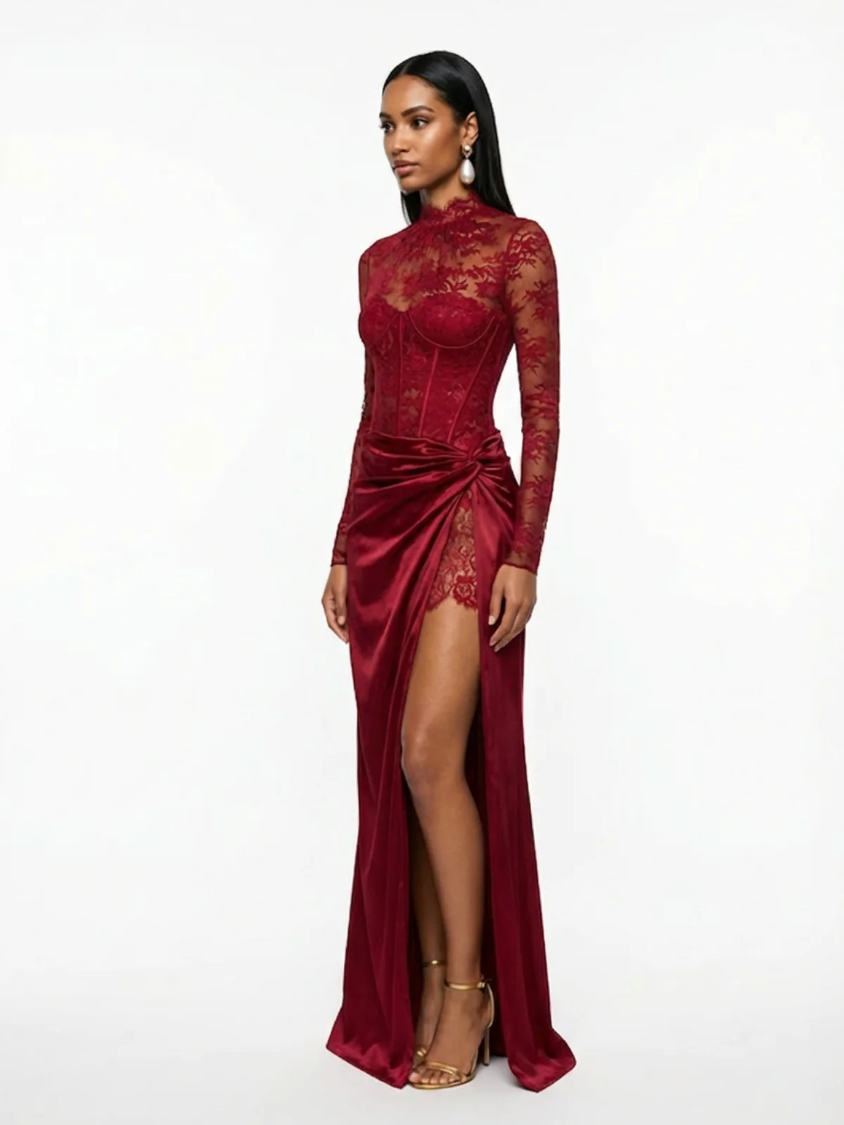 Cynosure High Neck Lace Maxi Dress In Red - Image 2