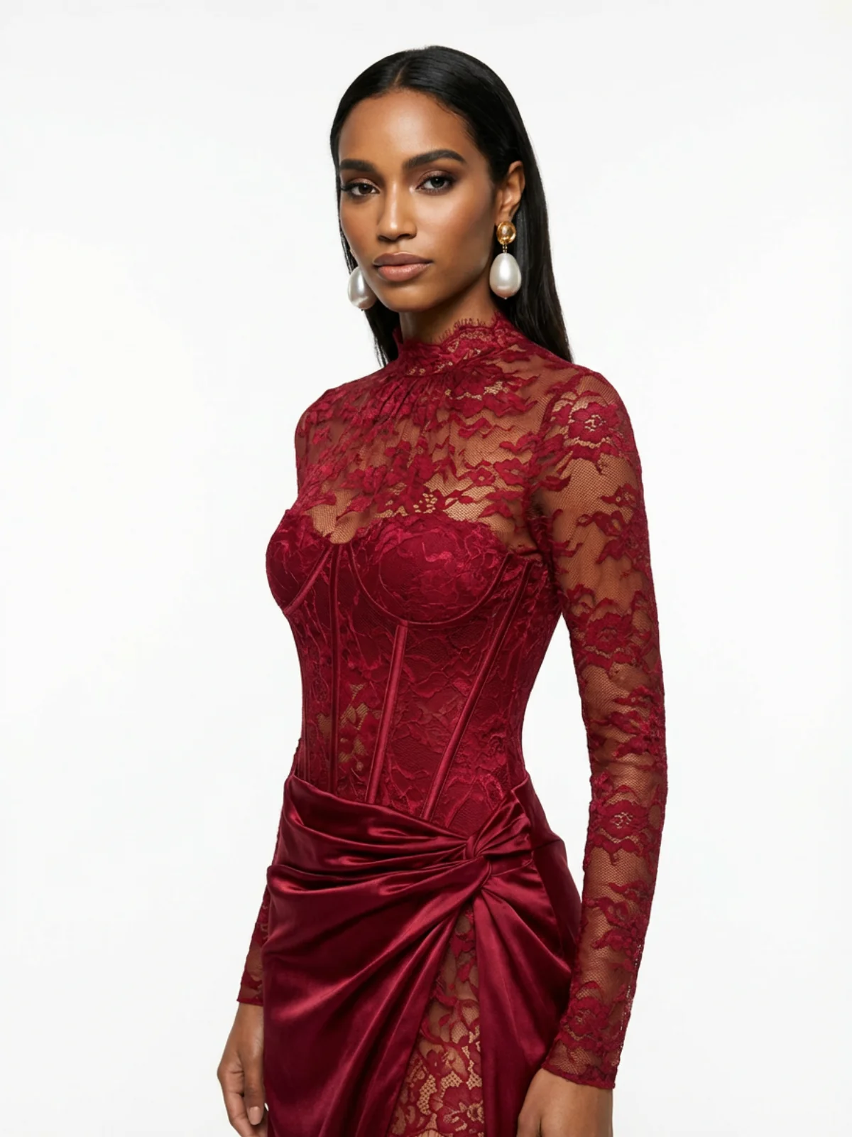 Cynosure High Neck Lace Maxi Dress In Red - Image 3