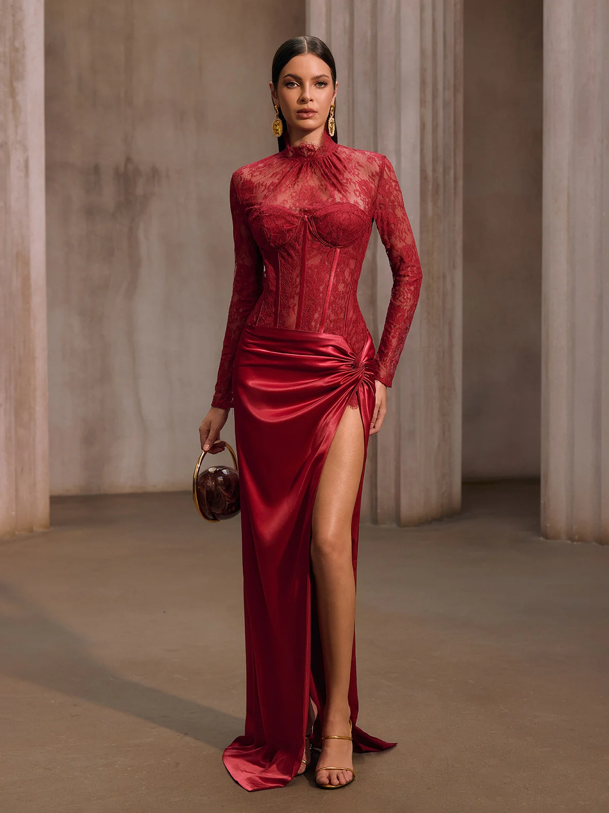 Cynosure High Neck Lace Maxi Dress In Red - Image 5
