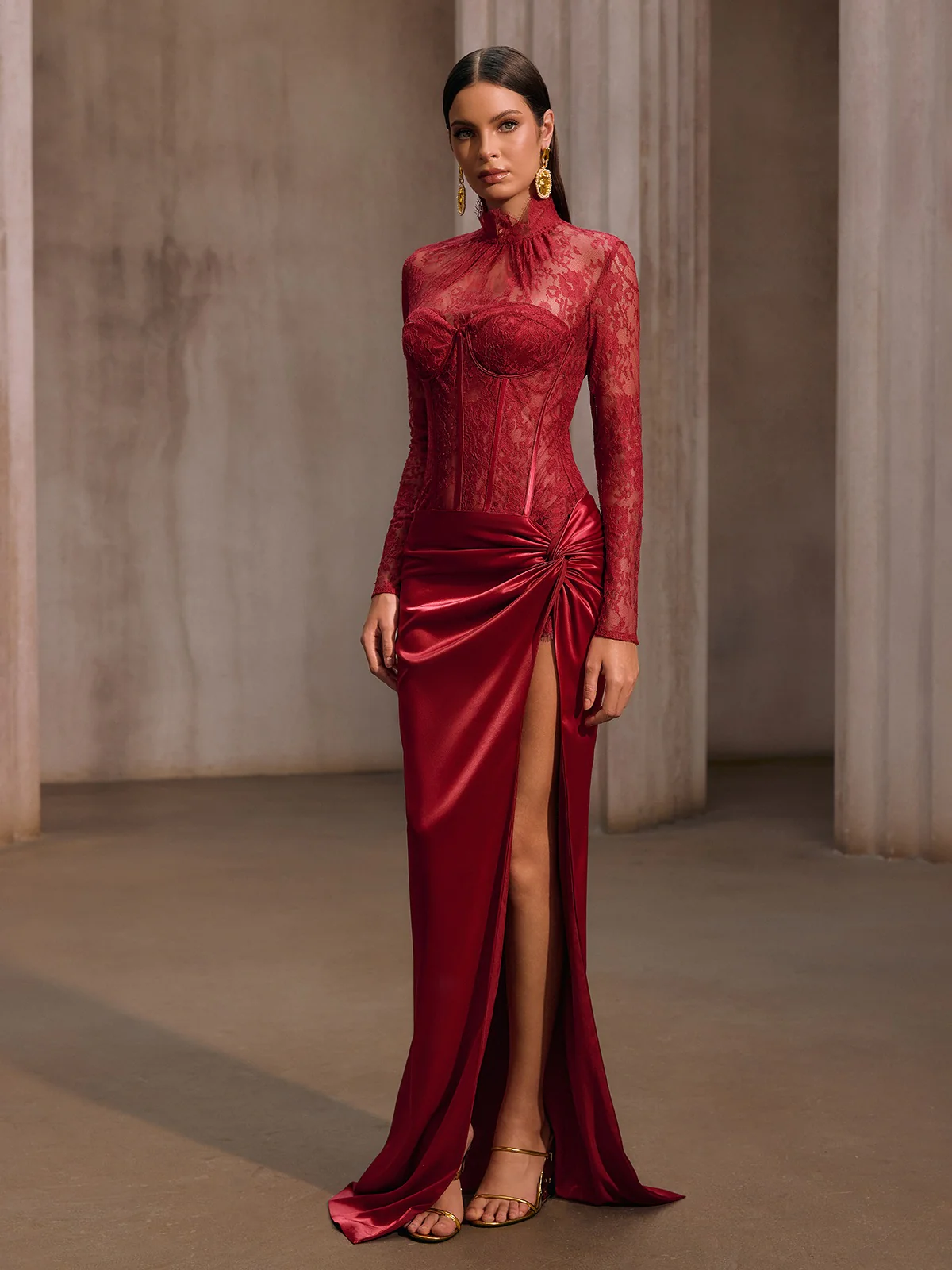 Cynosure High Neck Lace Maxi Dress In Red - Image 6