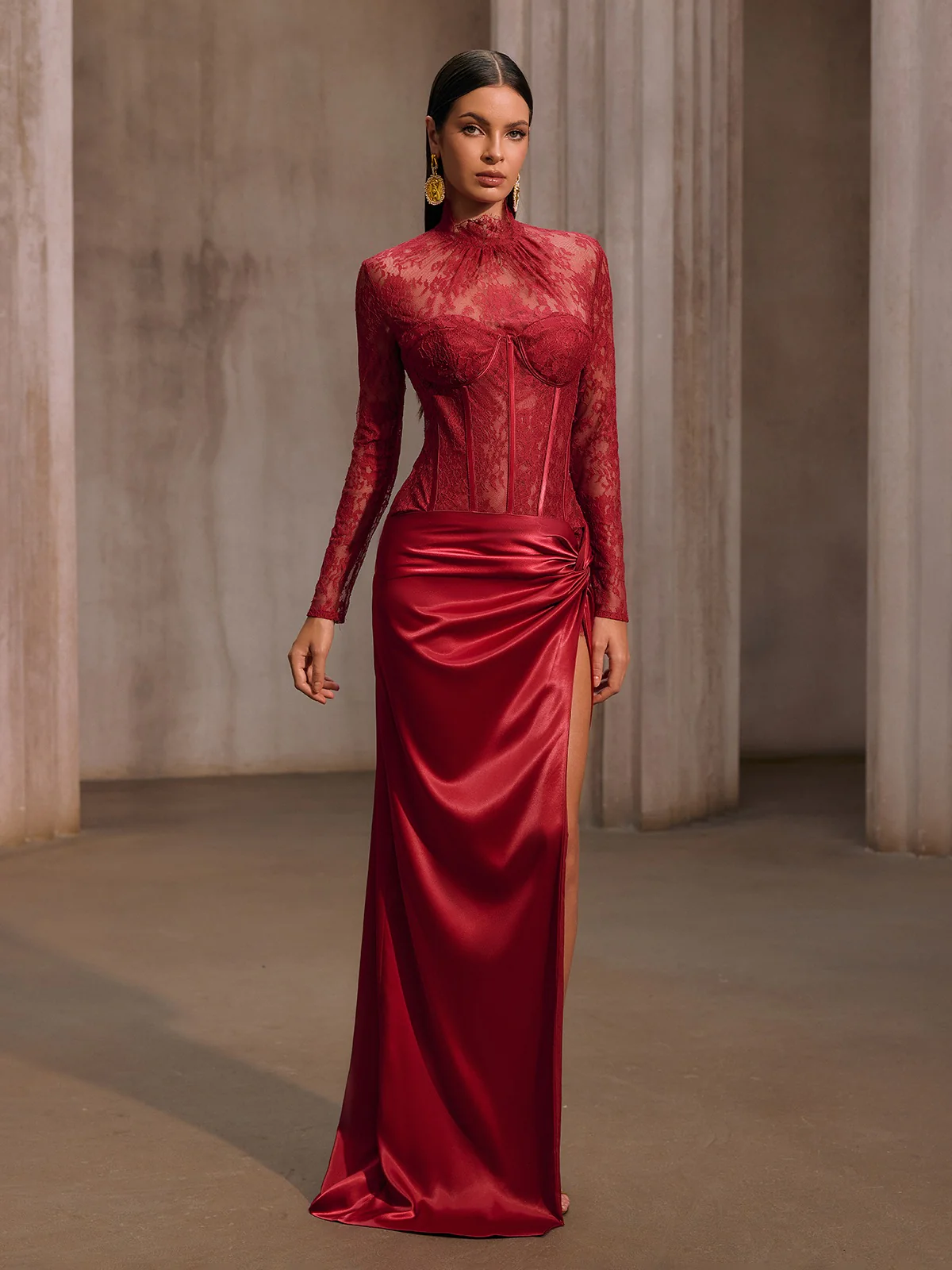 Cynosure High Neck Lace Maxi Dress In Red - Image 7