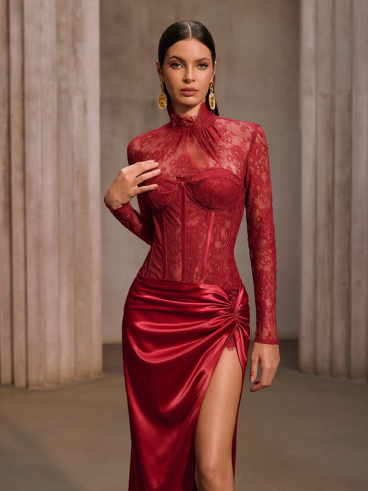 Cynosure High Neck Lace Maxi Dress In Red - Image 8