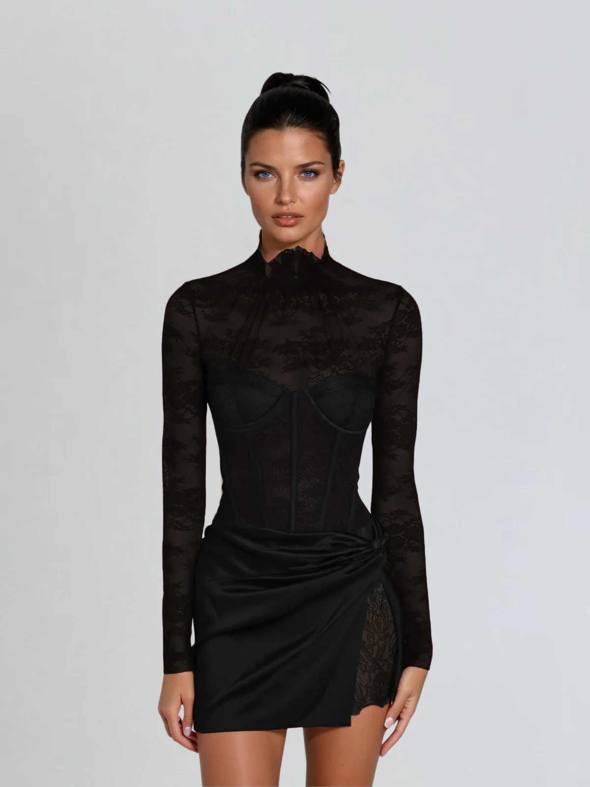 Cynosure Stand Collar Lace Dress In Black - Image 2