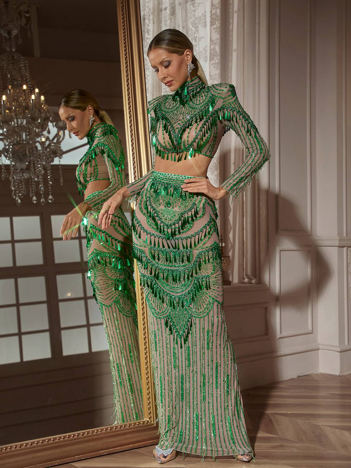 Cythina Long Sleeve Sequin Skirt Set - Image 2