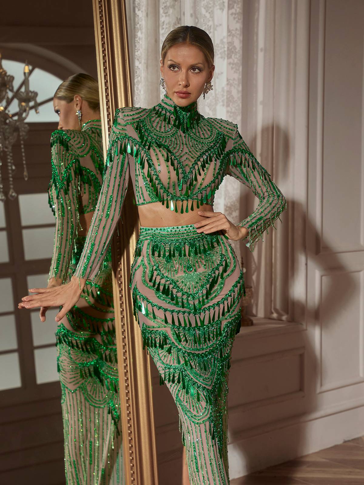 Cythina Long Sleeve Sequin Skirt Set - Image 3