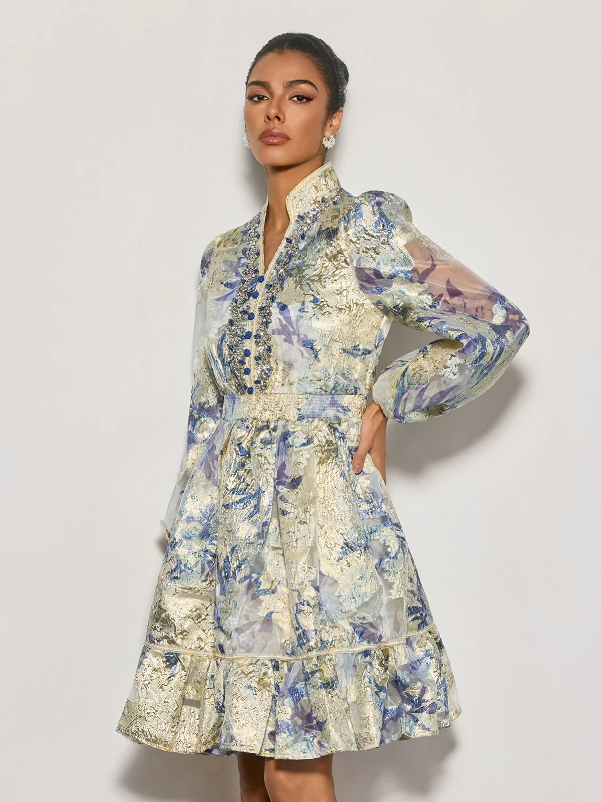 Czarina Balloon Sleeve Crystal Midi Dress - Image 3