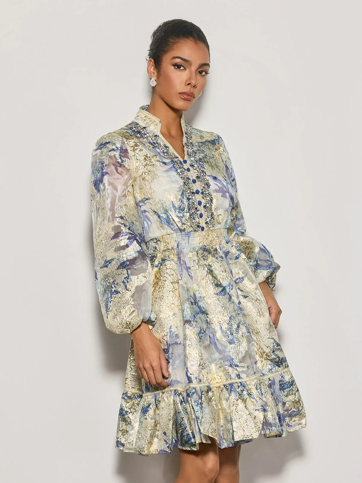 Czarina Balloon Sleeve Crystal Midi Dress - Image 4