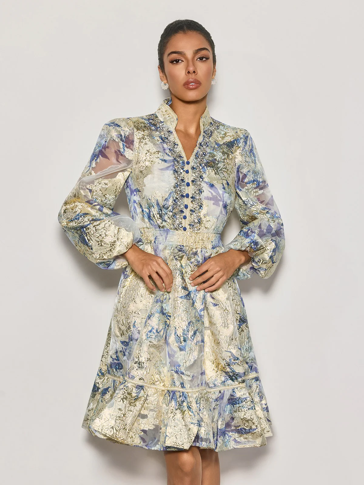Czarina Balloon Sleeve Crystal Midi Dress - Image 5