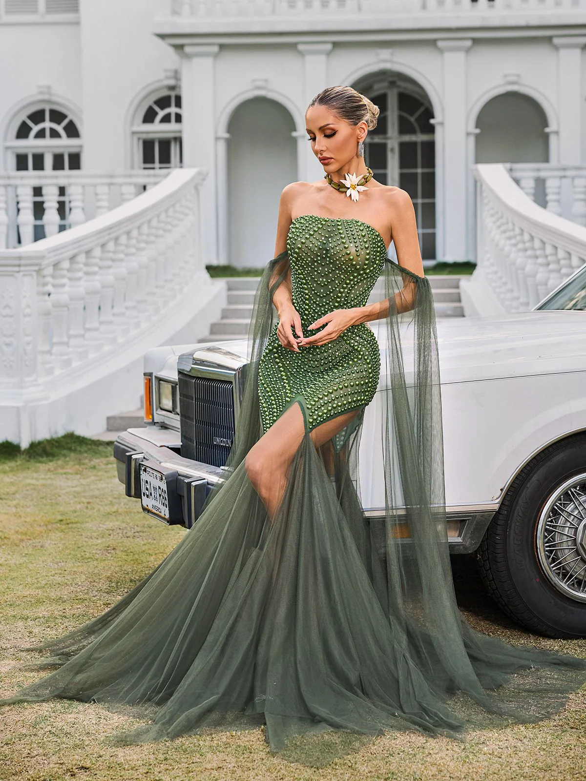 Daelis Off Shoulder Rhinestone Mesh Maxi Dress - Image 4