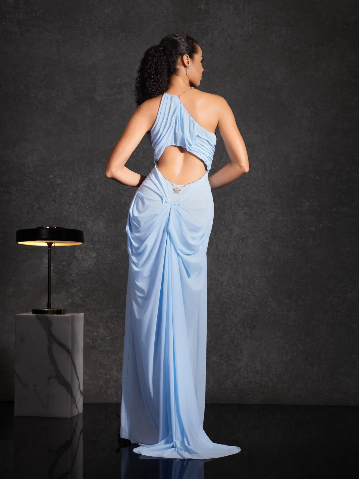 Daiki Halterneck Ruched Maxi Dress In Baby Blue - Image 6