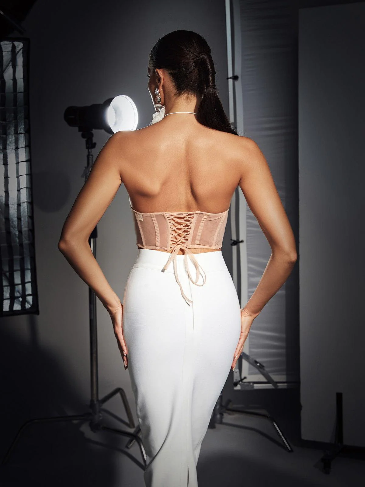 Dana Shell Mesh Lace Up Corset Top In Beige - Image 5
