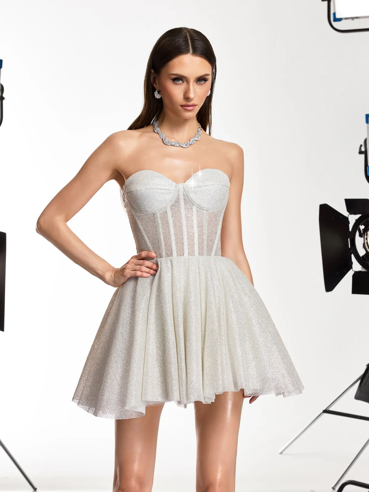 Darda Strapless Glitter Corset Mini Dress In White
