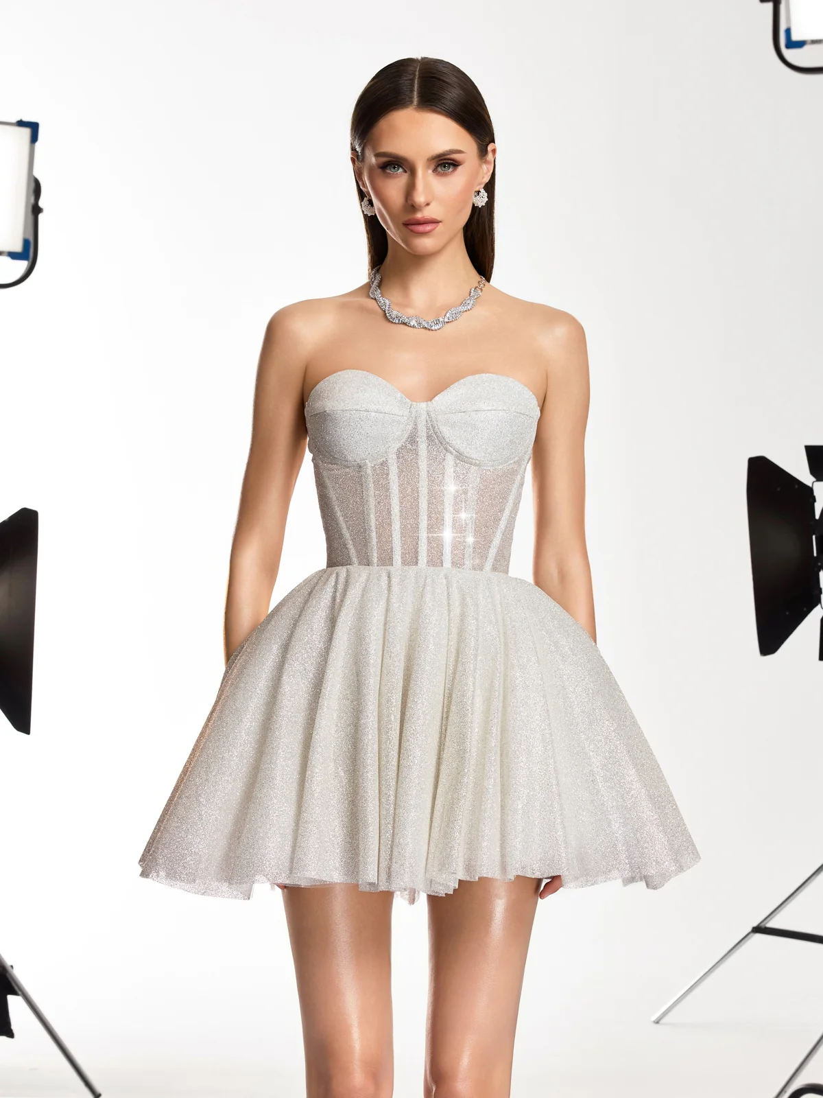 Darda Strapless Glitter Corset Mini Dress In White - Image 3