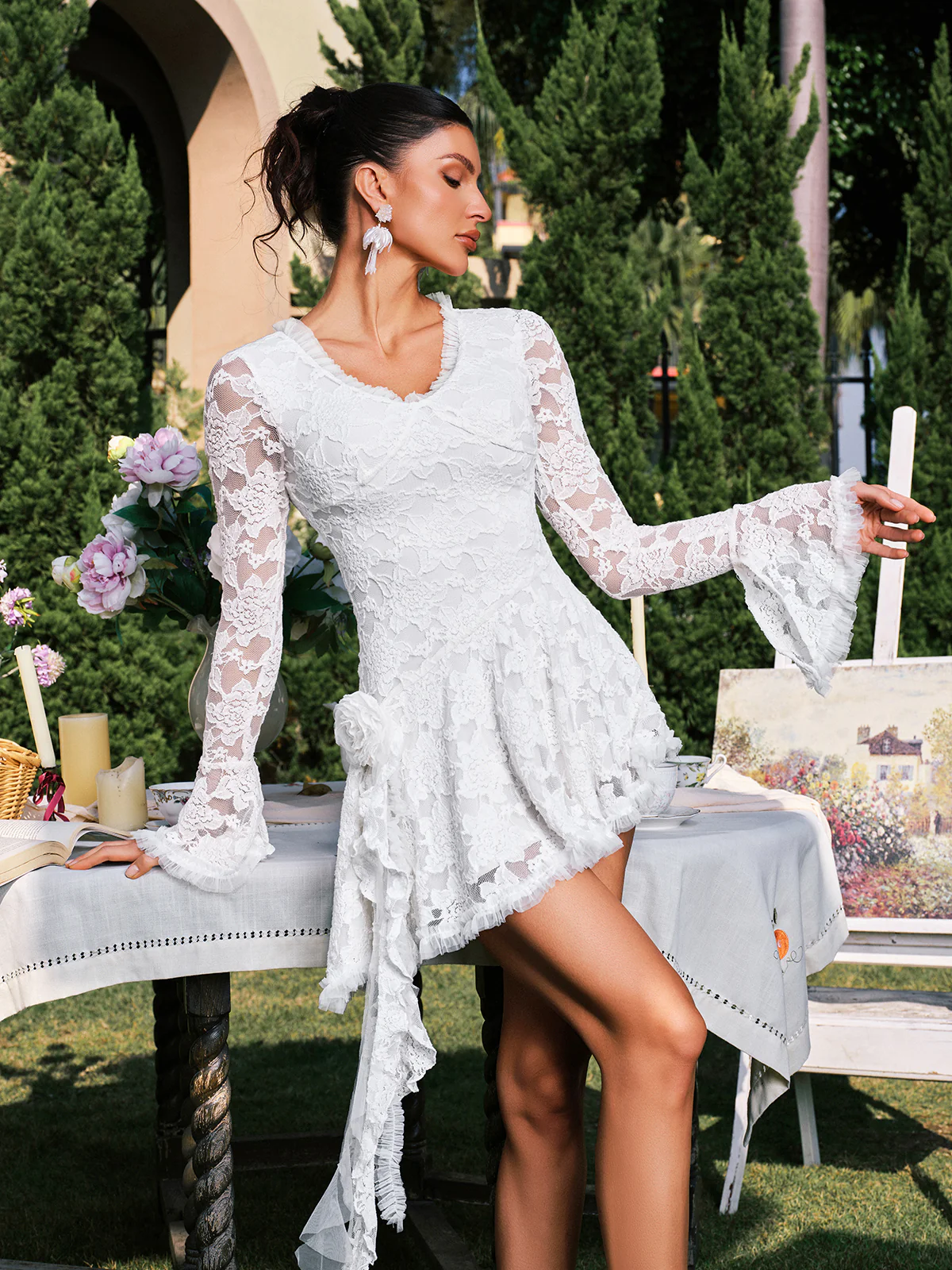 Dareh V Neck Flower Lace Draped Mini Dress - Image 2