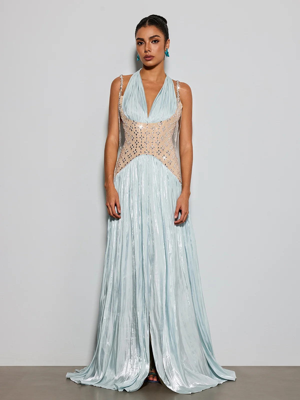 Delvion Halterneck Rhinestone Pleated Maxi Dress