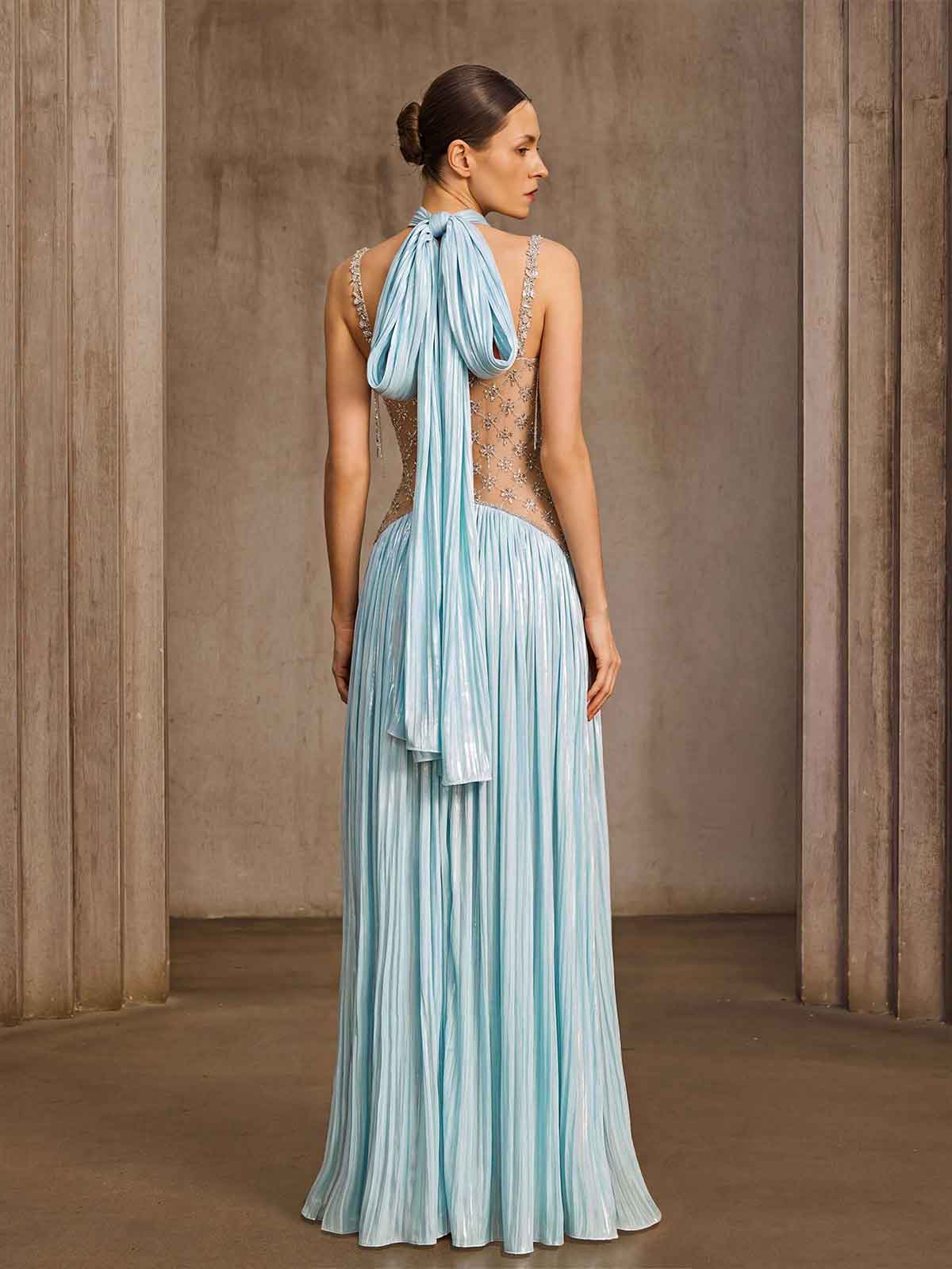 Delvion Halterneck Rhinestone Pleated Maxi Dress - Image 10