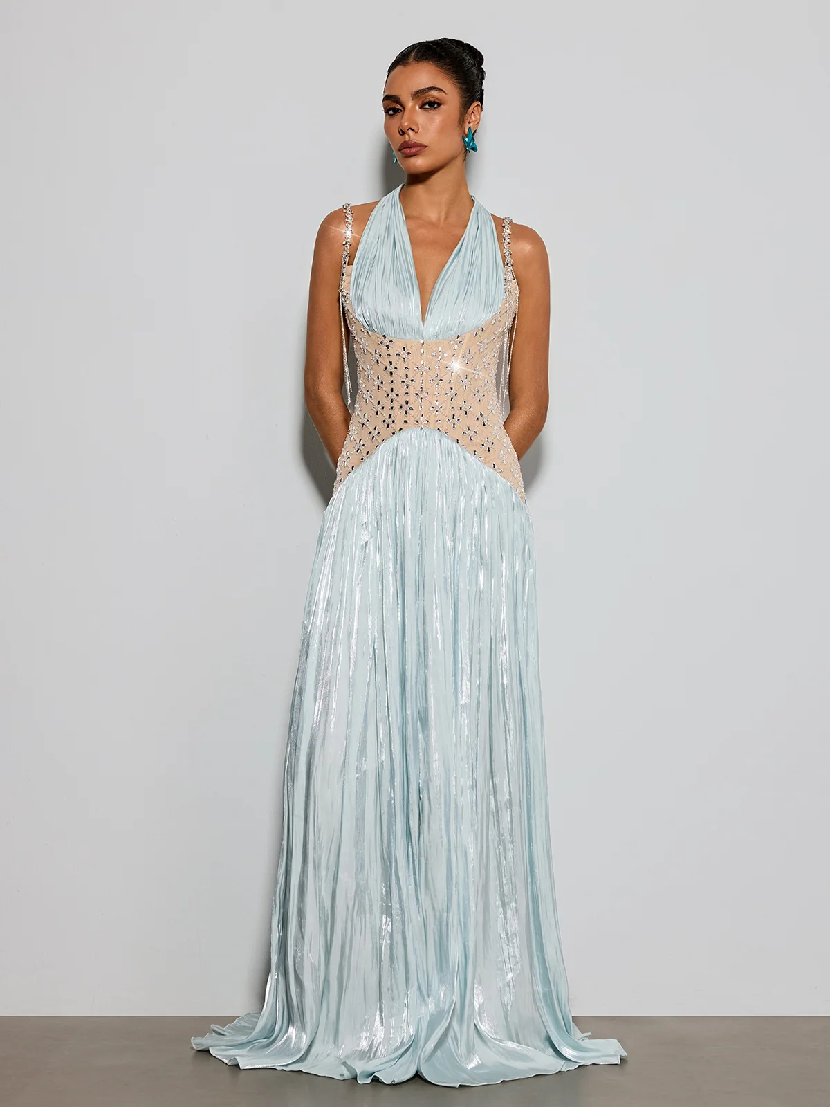 Delvion Halterneck Rhinestone Pleated Maxi Dress - Image 2
