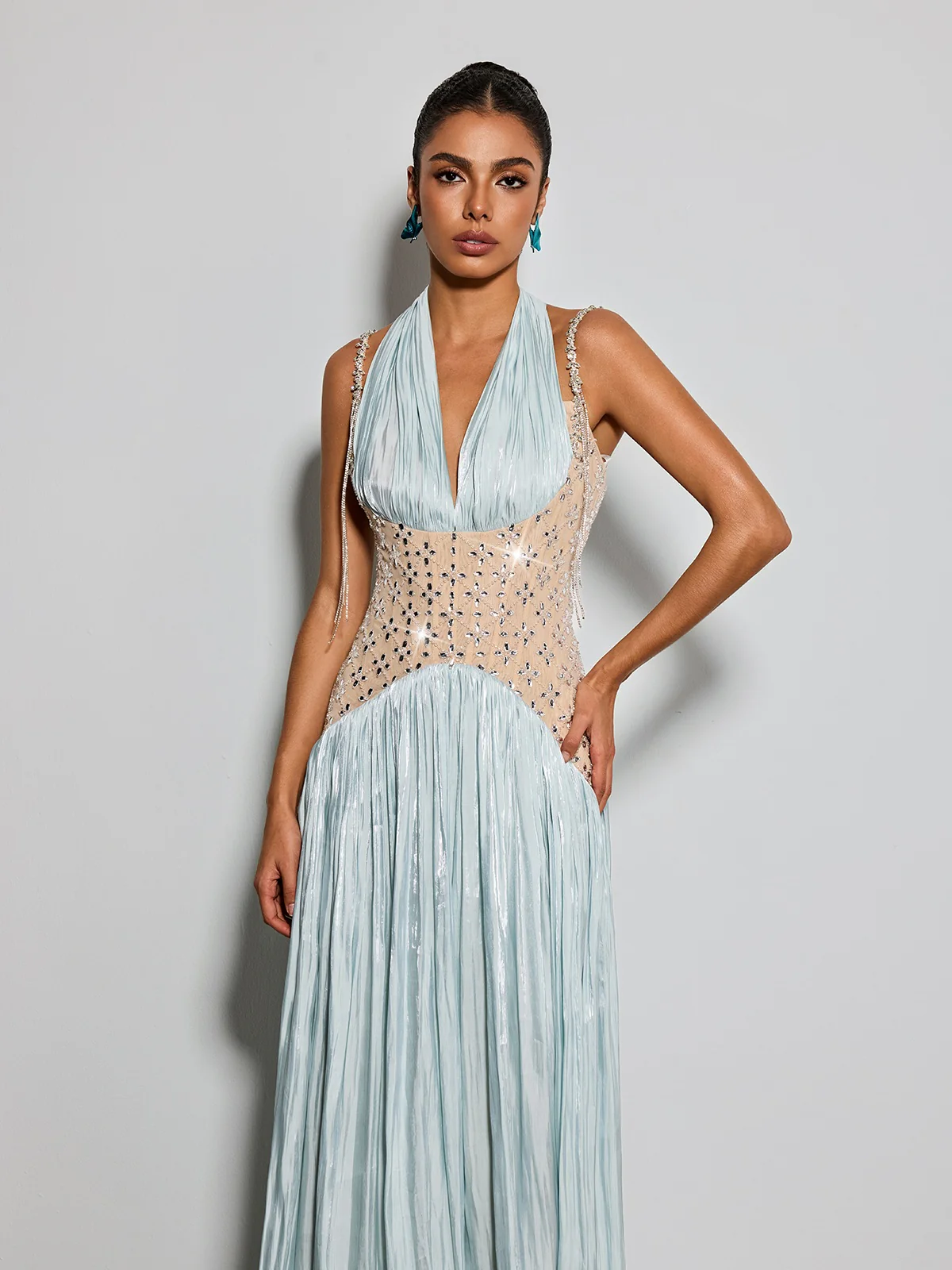 Delvion Halterneck Rhinestone Pleated Maxi Dress - Image 3