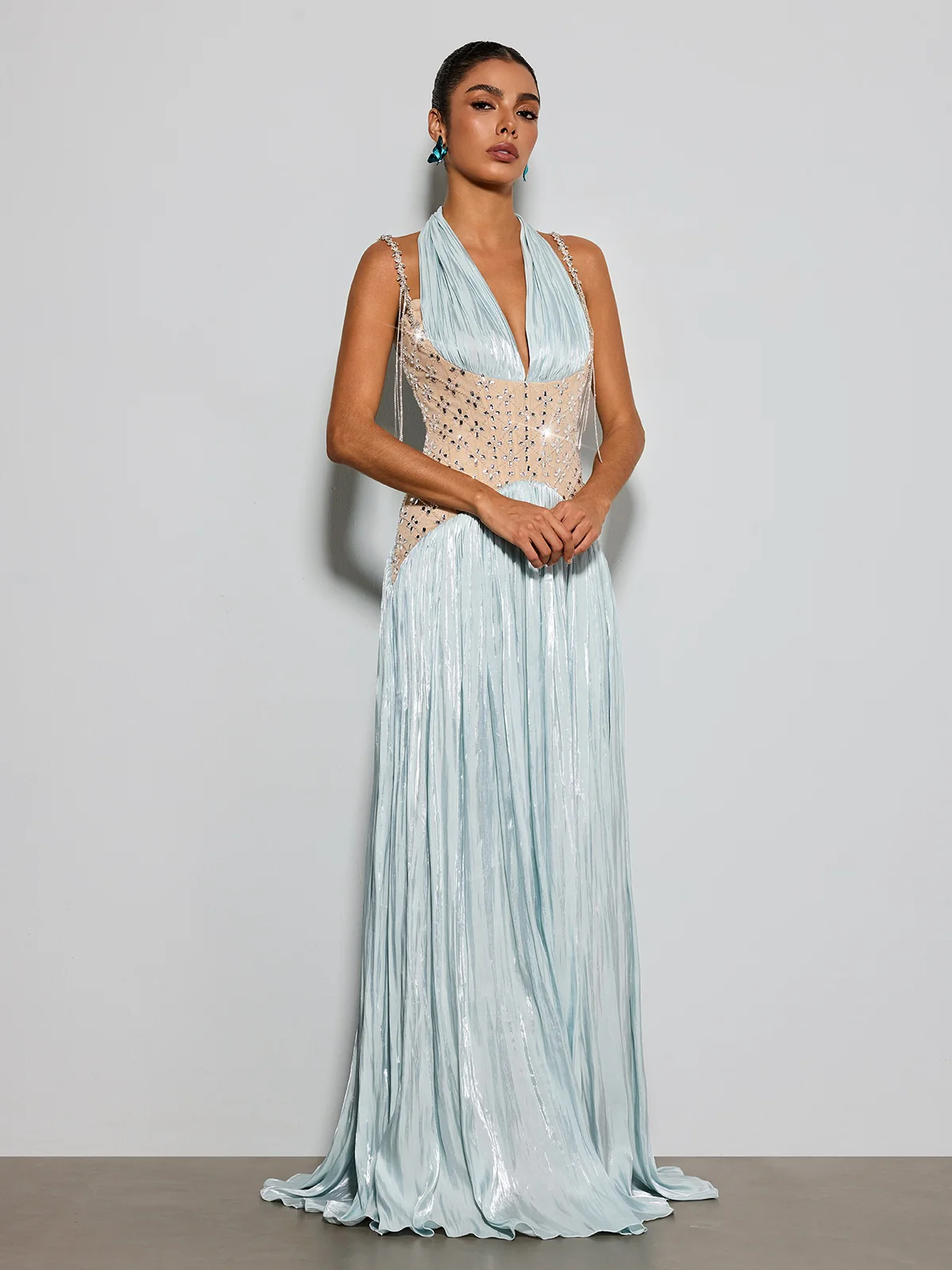 Delvion Halterneck Rhinestone Pleated Maxi Dress - Image 4