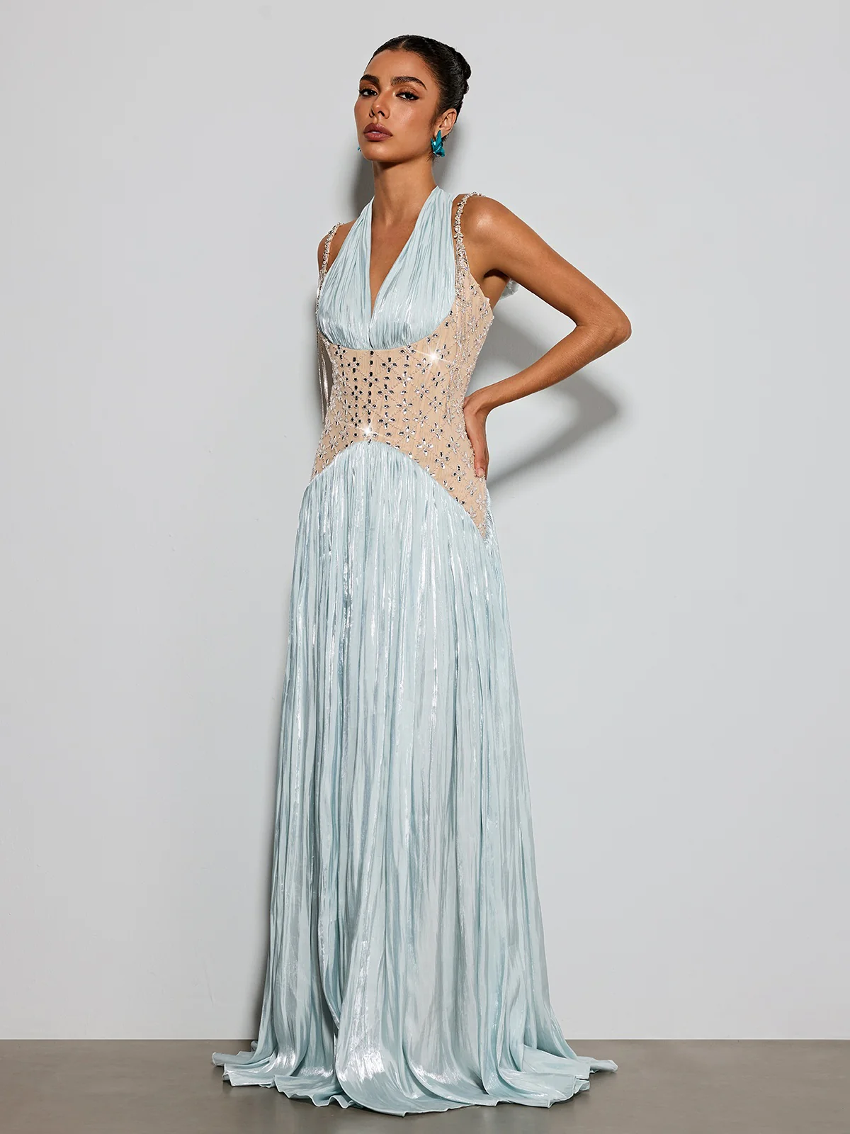 Delvion Halterneck Rhinestone Pleated Maxi Dress - Image 5
