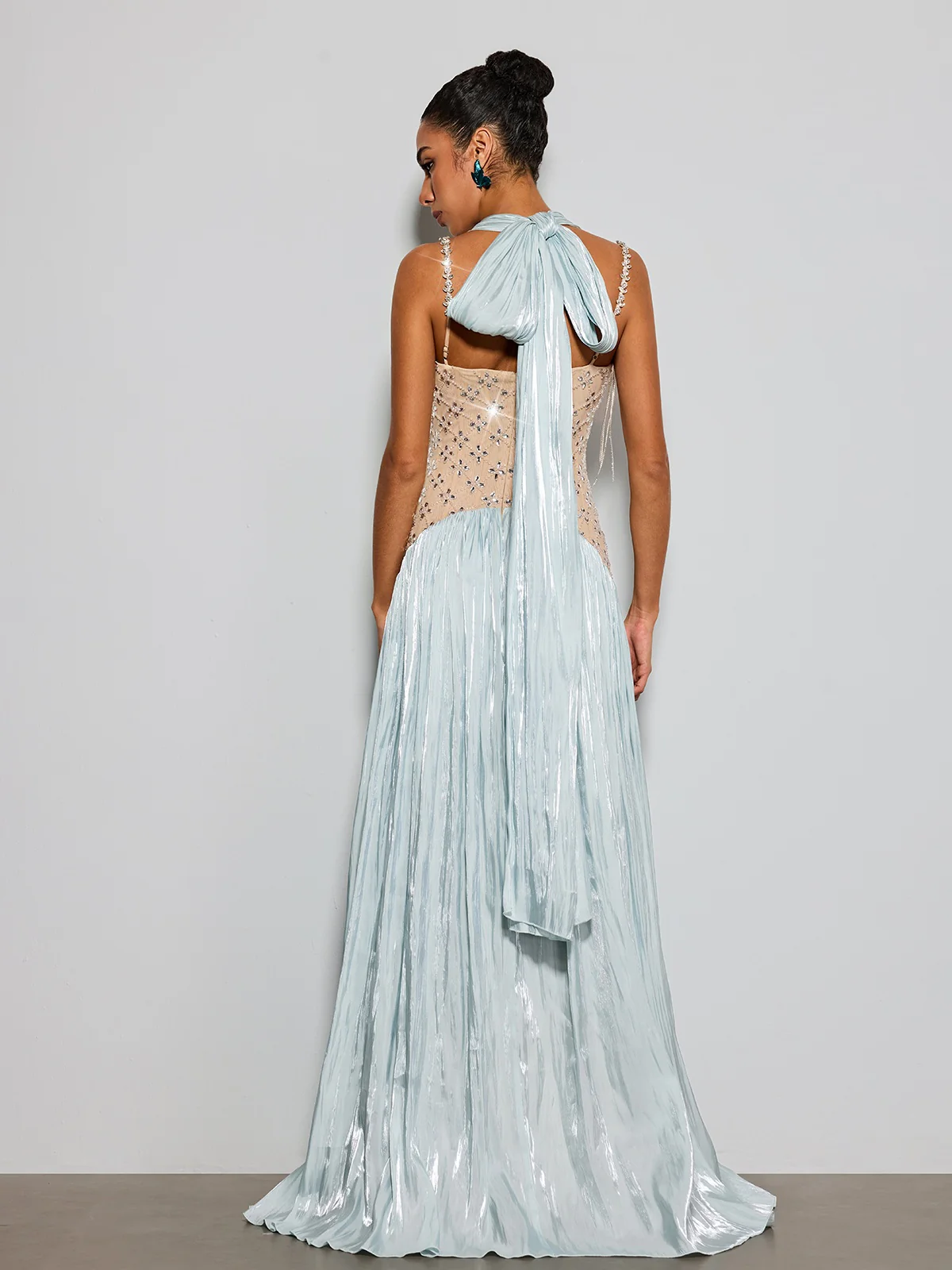 Delvion Halterneck Rhinestone Pleated Maxi Dress - Image 6