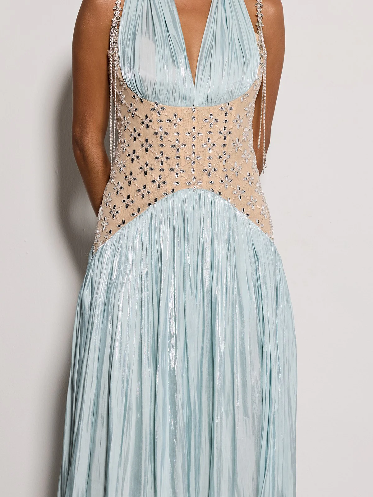 Delvion Halterneck Rhinestone Pleated Maxi Dress - Image 7