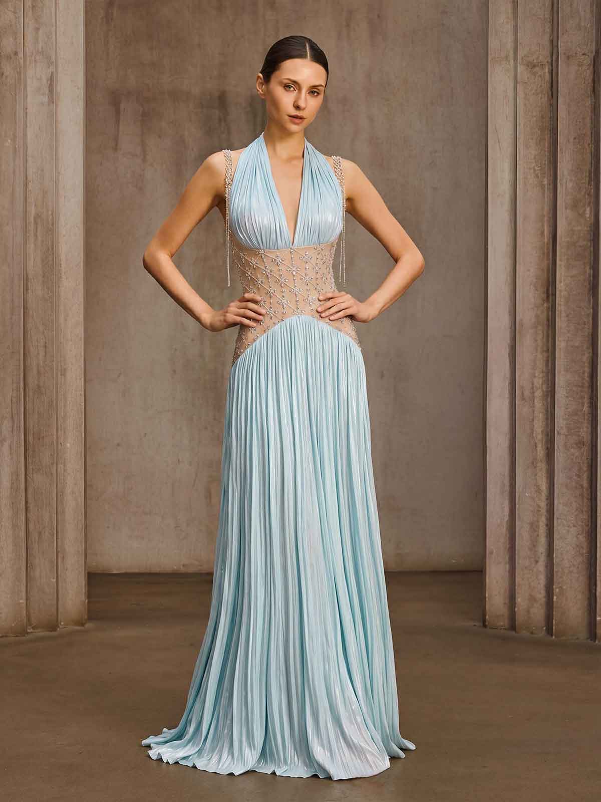 Delvion Halterneck Rhinestone Pleated Maxi Dress - Image 8
