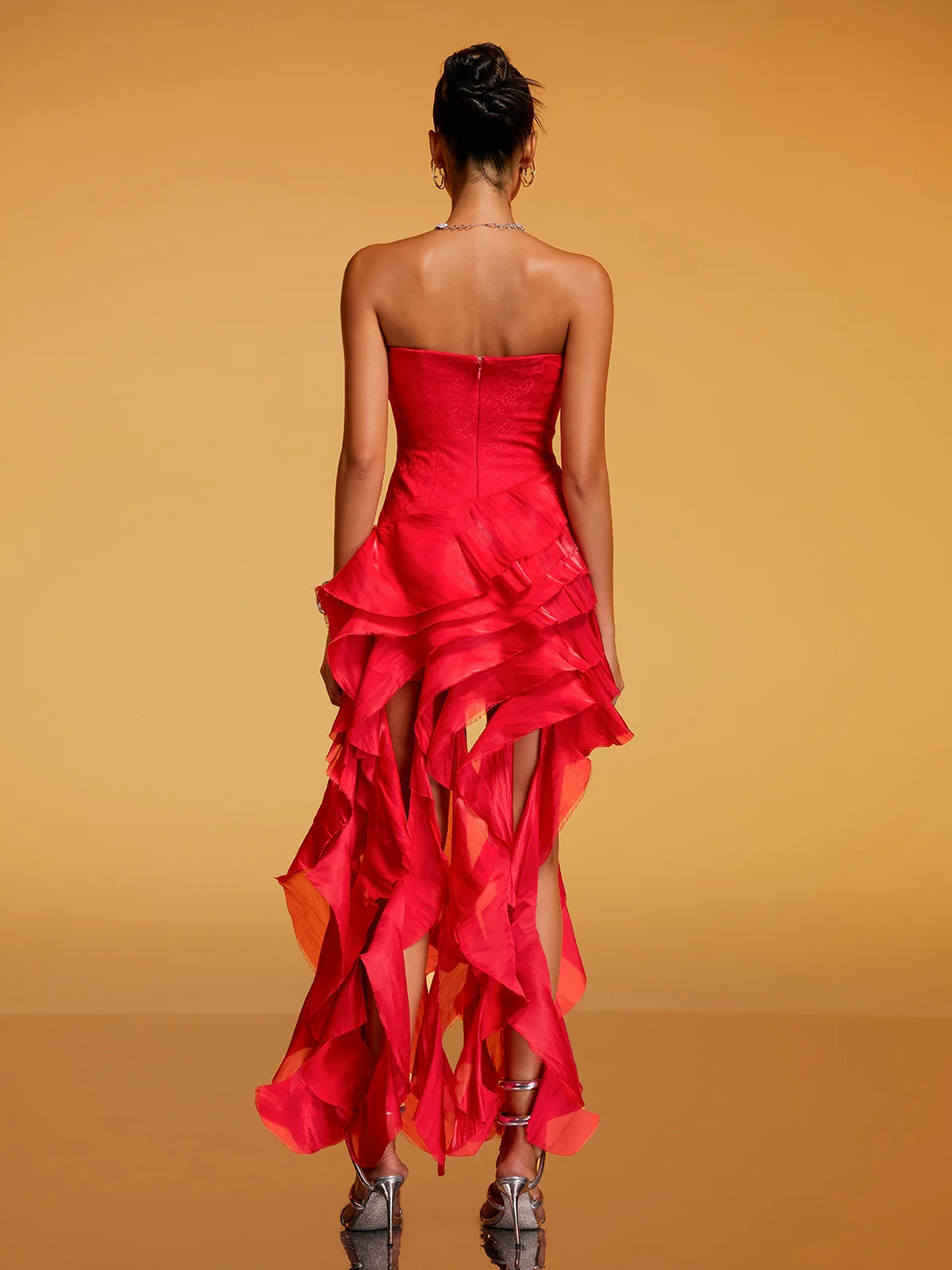 Devota Strapless Flower Ruffle Midi Dress - Image 10