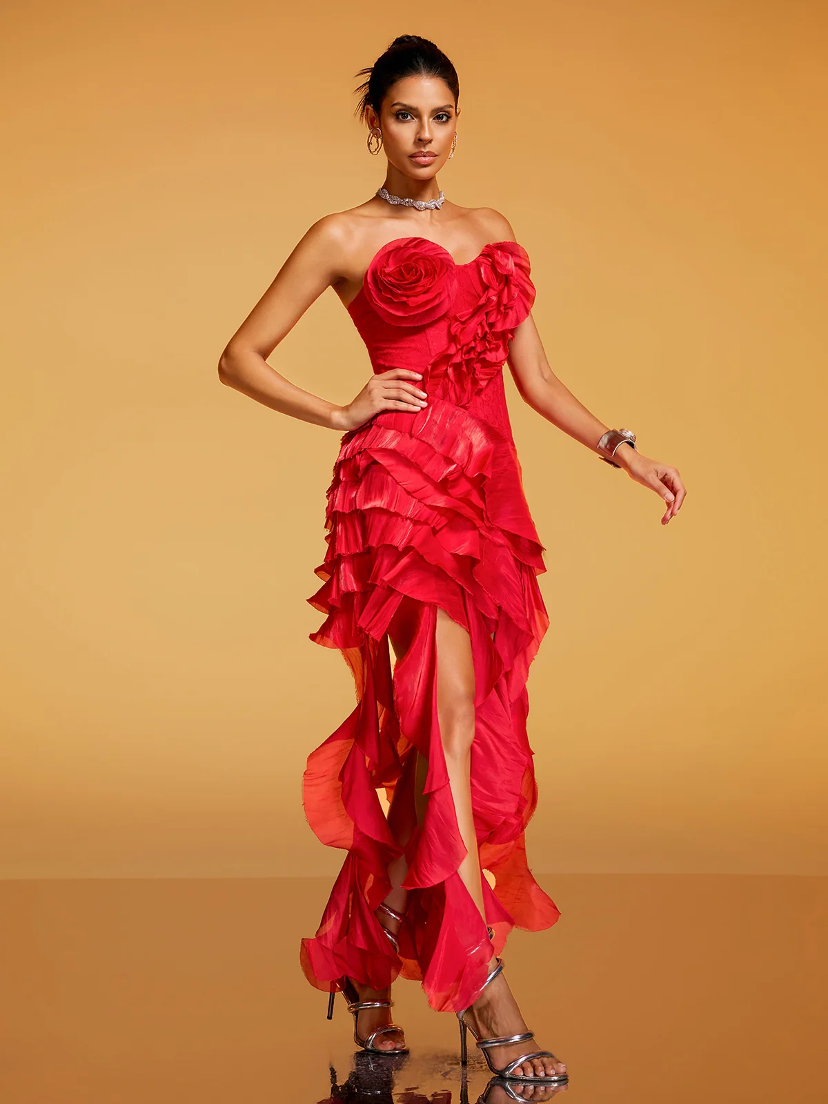 Devota Strapless Flower Ruffle Midi Dress - Image 8